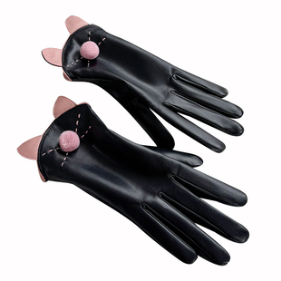 皮手套可爱女秋冬季保暖防风PU皮革触屏骑行防寒加绒加厚开车骑车