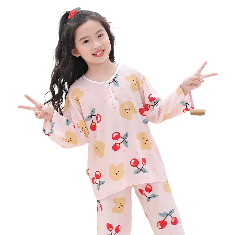 夏季儿童睡衣棉绸长袖薄款中大童男孩子女宝宝卡通绵绸家居服套装
