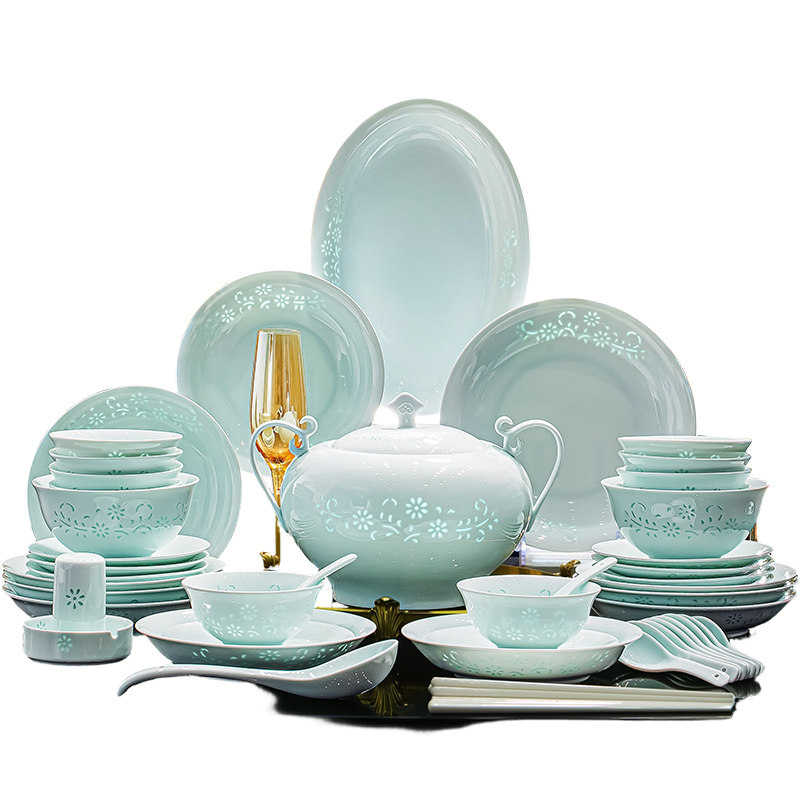 【景德镇正品】青釉玲珑瓷餐具