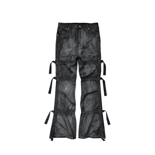 GOJOYJINNI刷蜡漆面质感调节扣飘带微喇叭宽松牛仔裤