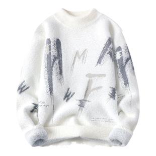 冬季加绒水貂绒毛衣男青少年潮流保暖打底衫学生修身半高领针织衫