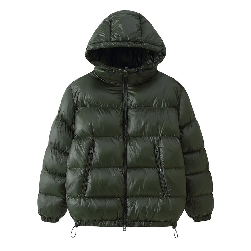 亮面连帽拉链口袋面包棉服外套