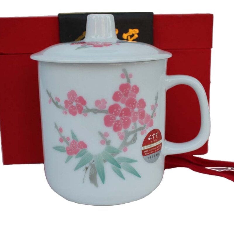 醴陵瓷器 红官窑 釉下彩手绘 将军杯陶瓷茶杯 水杯带盖子高白玉瓷