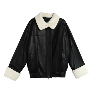 pusumede【现货7.5折】羊羔毛拼接皮衣外套女黑色机车夹克上衣