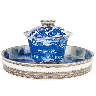 圣山高端青花工笔山水楼阁《蟠桃仙会》陶瓷茶具盖碗茶杯泡茶盖碗