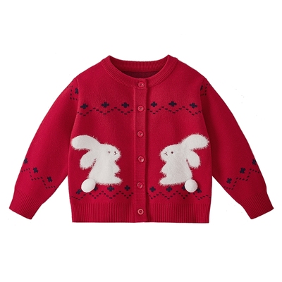儿童红色毛衣开衫秋冬三岁女孩冬款衣服宝宝冬装女童针织外套冬季