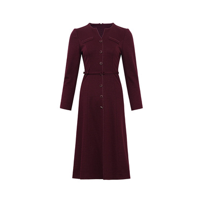 黛玛诗正式场合长袖连衣裙女春新款V领红色裙子端庄优雅宴会礼服