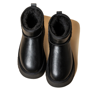 黑色厚底雪地靴女款2025新款冬季鞋子加绒内增高皮面防水保暖棉鞋