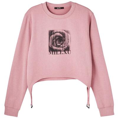 U/TI联名款粉色棉感玫瑰印花卫衣女 百搭短款T恤尤缇2025春季新款