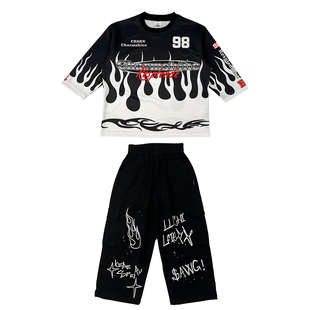 迪克家嘻哈童装潮牌街舞女孩套装美式炸街火焰少儿hiphop街舞衣服