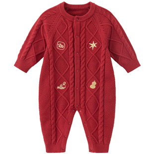 木生棉婴儿针织毛衣秋冬季宝宝连体哈衣爬服红色喜庆满月周岁年服