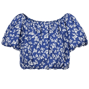 【一字领】FF仿佛衬衫2025年夏季新款印花三角梅航海系法式女短袖