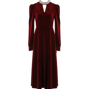 DPLAY2025年冬季红色连衣裙丝绒连衣裙红色礼服敬酒服女晚礼服