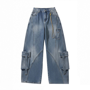 胖mm大码女装美式街头风蓝色工装牛仔裤女辣妹风时尚减龄阔腿裤子
