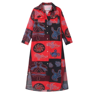 Printed single-breasted long-sleeve dress印花单排扣连衣长裙