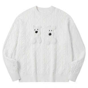 PSO Brand男装女装仿兔绒可爱小狗圆领白色毛衣外套宽松针织衫