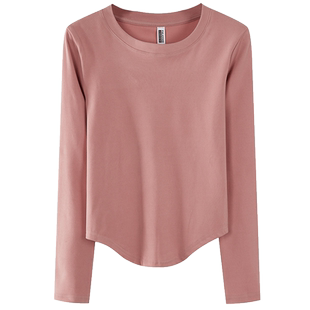 2023秋季新款字母印花两侧燕尾长袖打底衫极简圆领圆弧下摆上衣女