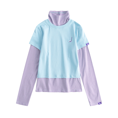 riverstone plus 假两件高领修身条纹长袖t恤女春季撞色正肩上衣