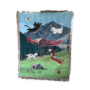 太阳下山品牌原创小狗插画装饰挂毯沙发毯针织艺术地毯露营盖毯