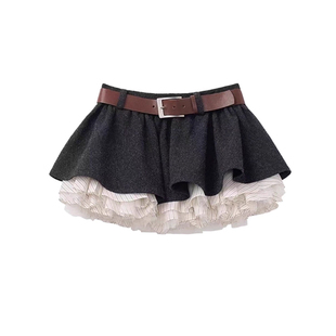 露思同款黑色高腰显瘦网纱拼接蛋糕裙小个子显高短裙A字半身裙冬