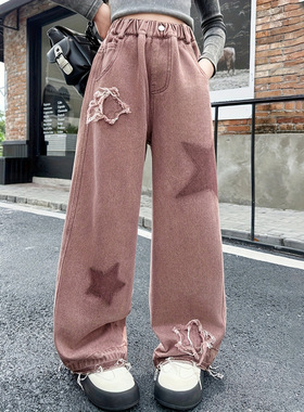 Q 33852 Girls fleece star jeans 女童加绒贴布牛仔裤跨境外