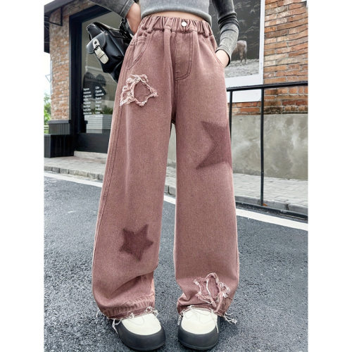 Q 33852 Girls fleece star jeans 女童加绒贴布牛仔裤跨境外
