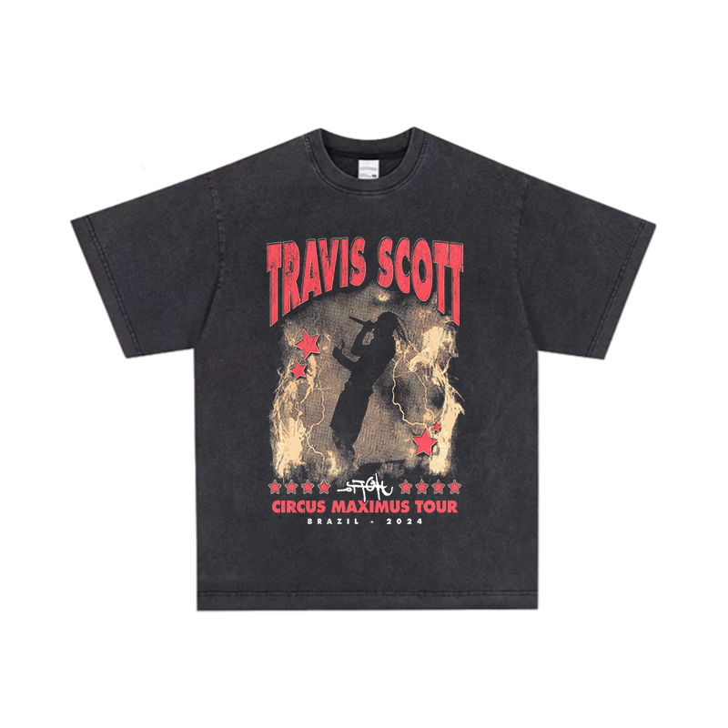 短袖t恤衫Travis Scott说唱嘻哈美式重磅纯棉透气圆领半袖上衣