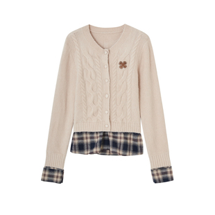 SOMESOWE 假两件格纹拼接绞花开衫