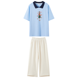 初中生夏装套装女POLO领15岁学生运动装纯棉夏季宽松两件套七分裤