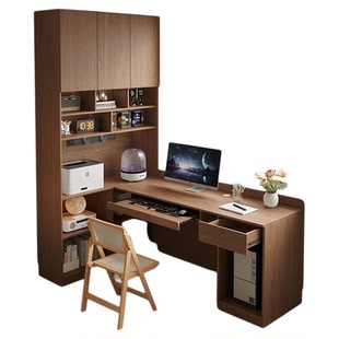 定制橡木书桌书柜一体实木到顶书架学习电脑桌靠墙转角儿童写字桌
