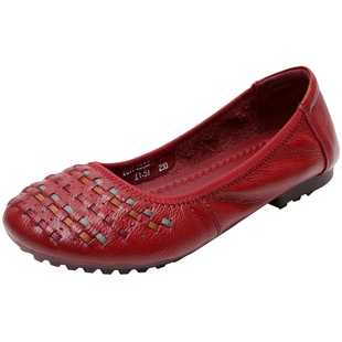 春款女鞋中老年豆豆鞋舒适牛筋底妈妈鞋皮鞋真皮软底软皮单鞋平底