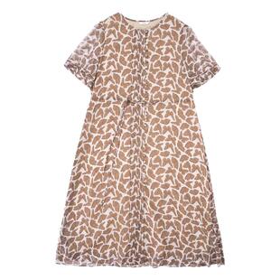 HONRN/红人修身印花圆领抽绳收腰显瘦短袖a字连衣裙女夏HI22OL691