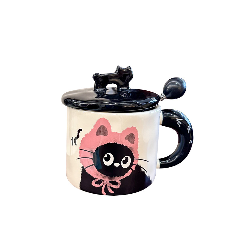可爱猫咪陶瓷马克杯女生高颜值水杯生日礼物带勺盖情侣水杯办公室