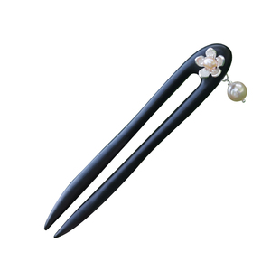 檀木簪子原创贝壳贝母月亮珍珠盘发发簪新中式日常u型发簪高级感