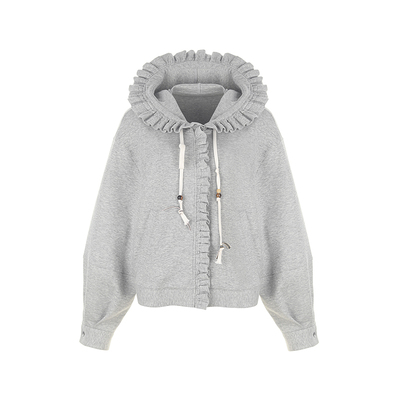 wanatry装饰抽褶花边帽檐卫衣女