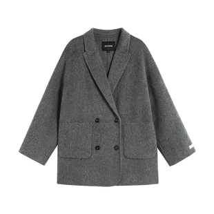 pusumede黑色100%羊毛双面呢高级感毛呢外套女加厚短款呢子大衣