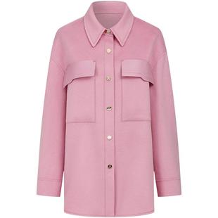 曼德诗100%绵羊毛呢大衣2025秋装新款粉色双面呢衬衫式中长外套
