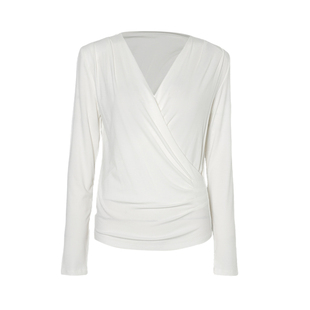 DPLAY白色V领T恤衫女褶皱含桑蚕丝修身上衣小衫2026年春季