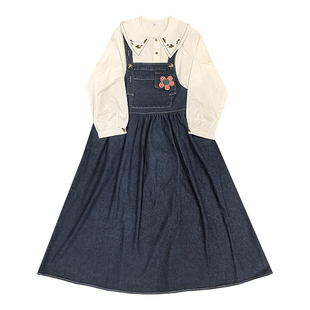 大码女装2025胖mm春季文艺范森系刺绣衬衫牛仔背带裙减龄显瘦套装