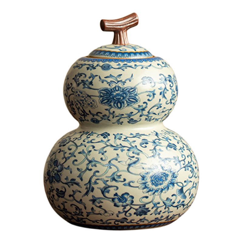 仿宋汝窑缠枝莲葫芦茶叶罐家用陶瓷密封罐防潮功夫茶具茶叶储藏罐