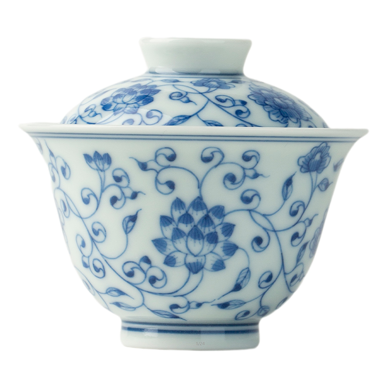 三勤堂青花缠枝莲盖碗景德镇茶具三才盖碗纯手工手绘敬茶碗泡茶器