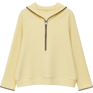 DM100大码百分百女装微胖mm冬季百搭撞色刺绣拉链针织毛衣连帽衫