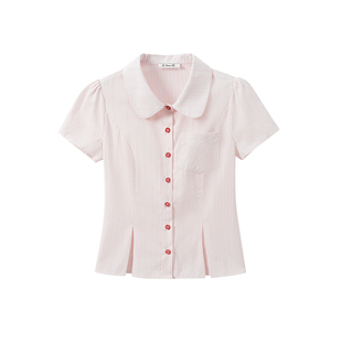 奶油的宇宙 粉色条纹polo领衬衫短袖女甜妹小个子修身短上衣新款