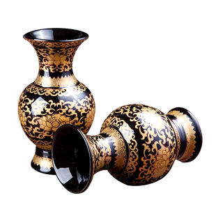 中成供果盘家用室内陶瓷黑色描金莲花瓶净瓶黑金插花瓶供桌摆件