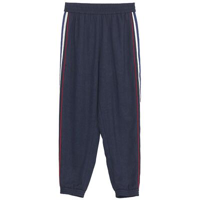 谜底休闲裤女士夏款复古运动感撞色侧边束脚九分裤242MK0701