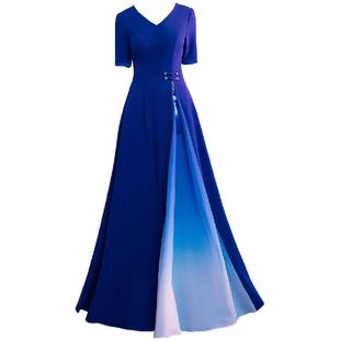 宝蓝色2025新款大合唱团演出服女长裙主持人社区表演礼服走秀表演