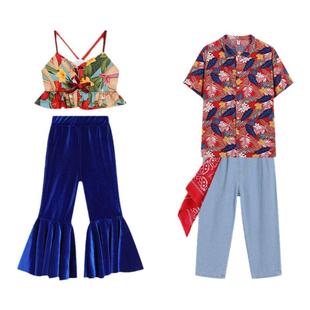 儿童港风花衬衫小吊带喇叭裤演出套装90年代复古卡拉OK舞厅舞蹈服