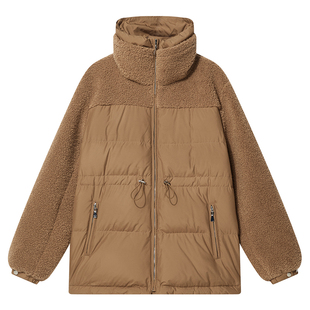 COVERINS2024年冬季新款抽绳收腰拼接颗粒绒立领羽绒服女鹅绒