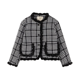 【商场同款】早春新款女童小香风千鸟格粗花呢外套女孩短款黑上衣