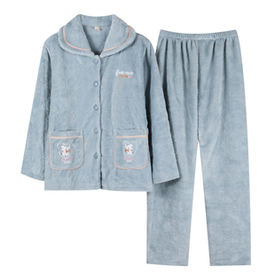 芬腾可安睡衣女款冬季珊瑚绒加厚2025新款大码蓝色家居服秋款冬天